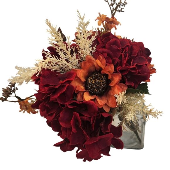 Artificial Fall Floral Bouquet Burgundy Hydrangeas & Orange Sunflowers | Rustic - Picture 6 of 15